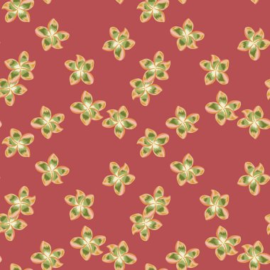 Kırmızı arka planda rastgele çiçek deseni var. Egzotik tropik duvar kağıdı. Soyut botanik arkaplan. Kumaş, tekstil baskısı, ambalaj, kapak tasarımı. Vektör illüstrasyonu.