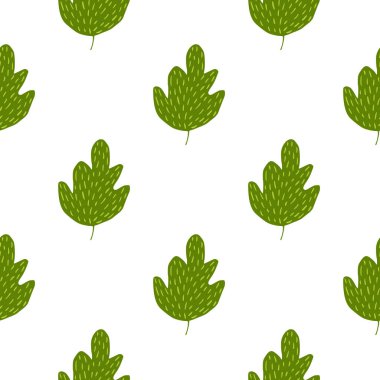 Beyaz arka planda izole edilmiş yeşil meşe deseni. Geometrik yaprak arkaplanı. Basit bir duvar kağıdı. Kumaş tasarımı, tekstil baskısı, ambalaj, kapak için. Doodle vektör illüstrasyonu.