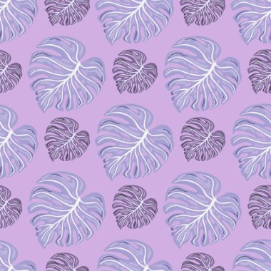 Leylak arka planında canavar yaprakları olan klasik tropikal desenli. Soyut botanik yaprak bitkileri duvar kağıdı. Egzotik Hawaii arka planı. Kumaş, tekstil baskısı, ambalaj, kapak için tasarım