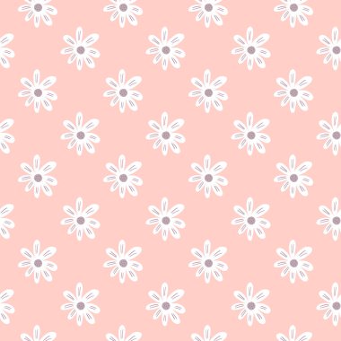 Açık pembe arka planda şirin, pürüzsüz bir desen. Papatya çayı izi. Geometrik çiçek süsü. Botanik arka planı. Kumaş, tekstil baskısı, yüzey, ambalaj, kapak için tasarım.