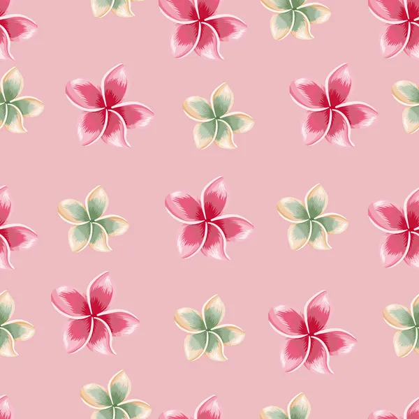 Plumeria Florescendo Exótico Sem Costura Padrão Fundo Rosa Papel Parede — Vetor de Stock