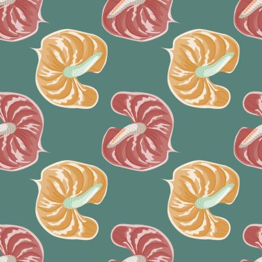 Geometrik anthurium çiçekleri yeşil arka planda kusursuz desen. Klasik tropikal botanik duvar kağıdı. Egzotik Hawaii bitkileri arka planı. Kumaş, tekstil baskısı, yüzey, ambalaj, kapak için tasarım