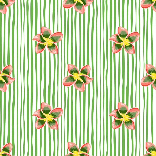 Modern Plumeria Flower Seamless Pattern Green Stripe Background Exotic Tropical — Stock Vector