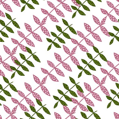 Pembe ve yeşil dallar beyaz arka planda izole edilmiş. Botanik arka planı. Soyut çiçek süsü. Kumaş, tekstil baskısı, yüzey, ambalaj, örtü için tasarım. Vektör illüstrasyonu.