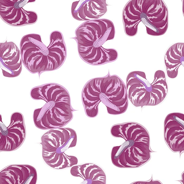 Fialové Anthurium Květiny Bezešvé Vzor Izolované Bílém Pozadí Moderní Exotické — Stockový vektor