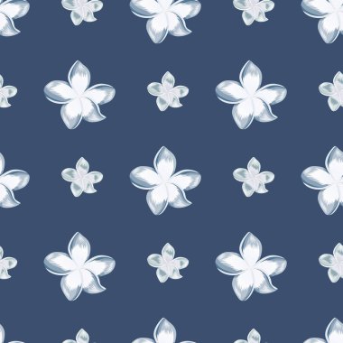 Mavi arka planda beyaz bir çiçek deseni var. Egzotik tropik duvar kağıdı. Soyut botanik arkaplan. Kumaş, tekstil baskısı, ambalaj, kapak tasarımı. Vektör illüstrasyonu.