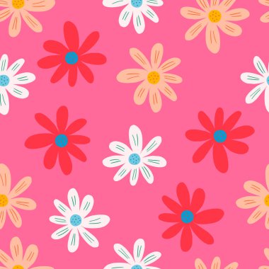 Pembe arka planda, yaratıcı, kusursuz desen. Güzel papatya izi. Soyut çiçek süsü. Botanik arka planı. Kumaş, tekstil baskısı, yüzey, ambalaj, kapak için tasarım.