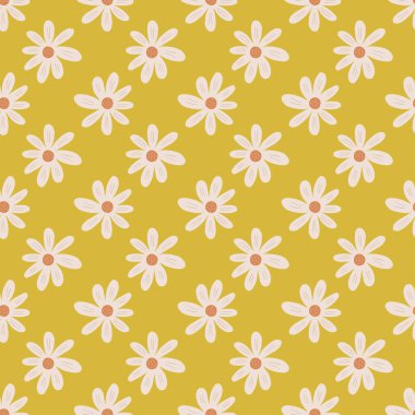 Sarı arka planda dikişsiz şirin çiçekler. Retro papatya izi. Çiçek süsü. Oldukça botanik bir zemin. Kumaş, tekstil baskısı, yüzey, ambalaj, kapak için tasarım.