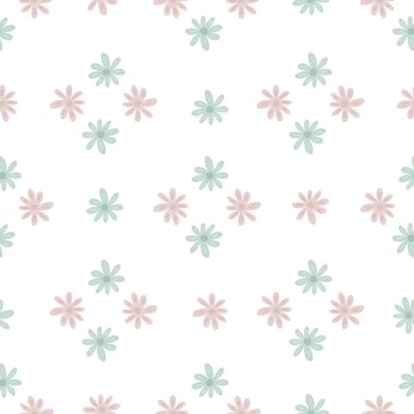 Geometrik dipsiz çiçekler beyaz arka planda izole edilmiş. Basit bir papatya izi. Çiçek süsü. Oldukça botanik bir zemin. Kumaş, tekstil baskısı, yüzey, ambalaj, kapak için tasarım.