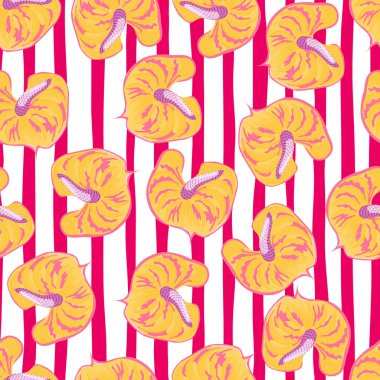 Çizgili arka planda dikişsiz Retro anthurium çiçeği deseni. Klasik tropikal botanik duvar kağıdı. Egzotik Hawaii bitkileri arka planı. Kumaş, tekstil baskısı, yüzey, ambalaj kağıdı, kapak için tasarım