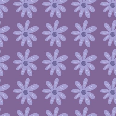 Leylak arka planında geometrik, dikişsiz desen. Güzel papatya izi. Çiçek süsü. Oldukça botanik bir zemin. Kumaş, tekstil baskısı, yüzey, ambalaj, örtü için tasarım. Vektör illüstrasyonu