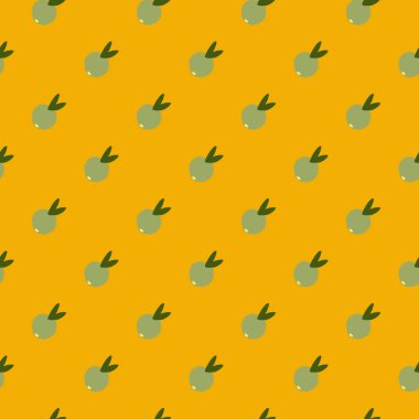 Geometrik şirin turunçgiller sarı arka planda dikişsiz desenler. Bitmek bilmeyen duvar kağıtları. Basit vektör çizimi. Kumaş, tekstil baskısı, yüzey, ambalaj, kapak için tasarım