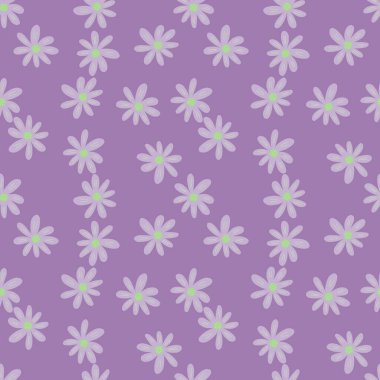 Leylak arka planında küçük, pürüzsüz bir desen. Güzel papatya izi. Çiçek süsü. Oldukça botanik bir zemin. Kumaş, tekstil baskısı, yüzey, ambalaj, örtü için tasarım. Vektör illüstrasyonu.