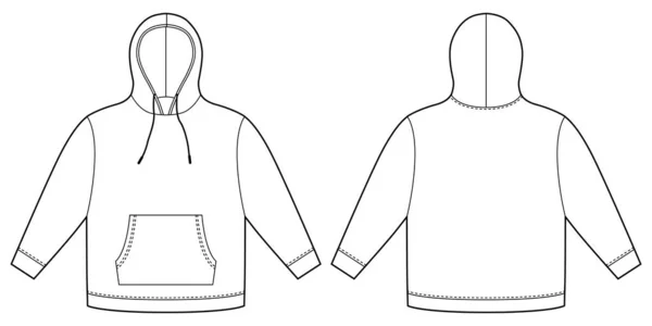 Kapüşonlu Şablon Kıyafet Kapüşonlu Teknik Taslak Modeli Kapüşonlu Cepli Bir — Stok Vektör