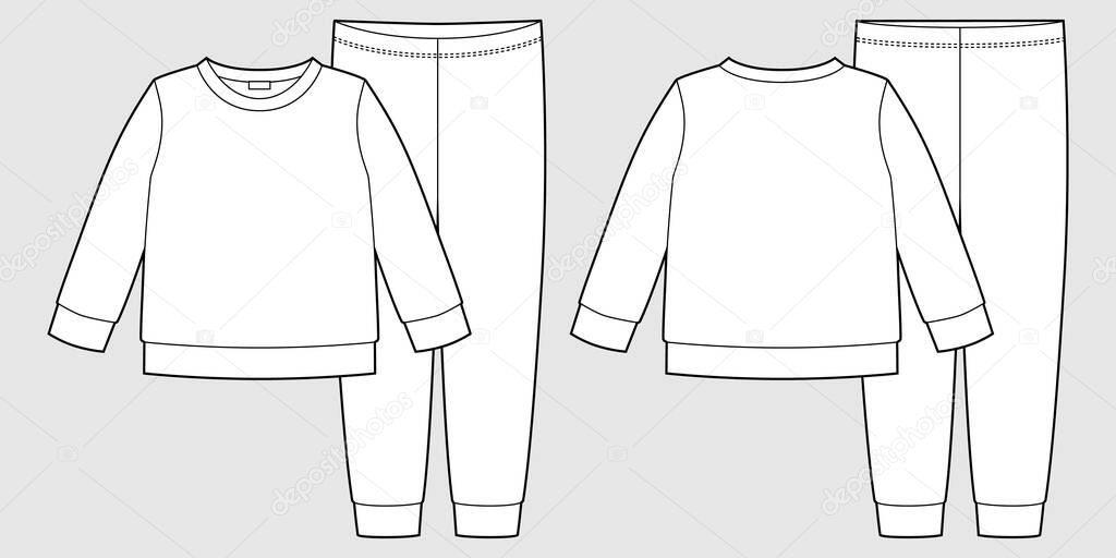 Apparel pajamas technical sketch. Childrens cotton sweatshirt and pants. Kids outline nighwear design template. Front and back view. CAD fashion vector illustration
