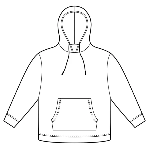 パーカーのテンプレート孤立した アパレルフードの技術的なスケッチモックアップ フード付きのスウェットシャツ ポケット付き 男女兼用のジャンパー 普段着 正面と背面の景色 Cadファッションベクトルイラスト — ストックベクタ