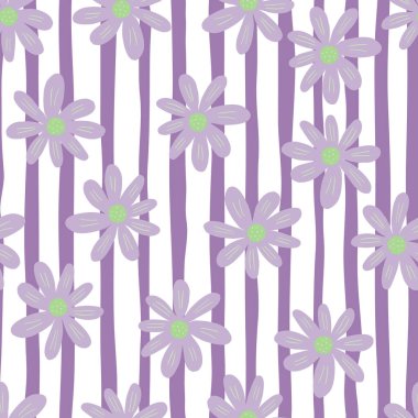 Çizgili arka planda klasik, dikişsiz çiçek deseni. Güzel papatya izi. Çiçek süsü. Oldukça botanik bir zemin. Kumaş, tekstil baskısı, yüzey, ambalaj, kapak için tasarım.