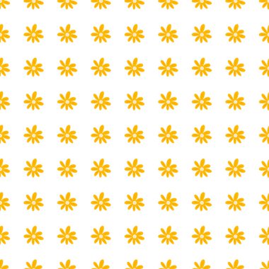 Beyaz arka planda izole edilmiş küçük, dikişsiz çiçekler. Retro papatya izi. Çiçek süsü. Oldukça botanik bir zemin. Kumaş, tekstil baskısı, yüzey, ambalaj, kapak için tasarım.