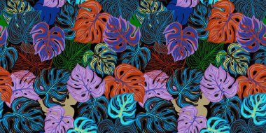 Moda canavarı kusursuz bir iz bırakır. Moda tropikal arka planı. Canlı yeşillik arkaplanı. Tropikal yaprak. Tropik uçsuz bucaksız duvar kağıdı. Kumaş, tekstil baskısı, yüzey, ambalaj, kapak için tasarım