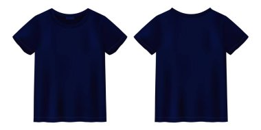 Unisex koyu mavi tişört. Tişört tasarım şablonu. Kısa kollu tişört. Ön ve arka manzara. Vektör illüstrasyonu.