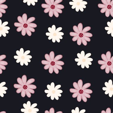 Kusursuz bir şablon. El çizimi papatya çayı izi. Soyut çiçek süsü. Basit bir botanik arkaplan. Kumaş, tekstil baskısı, yüzey, ambalaj, örtü için tasarım. Vintage vektör illüstrasyonu