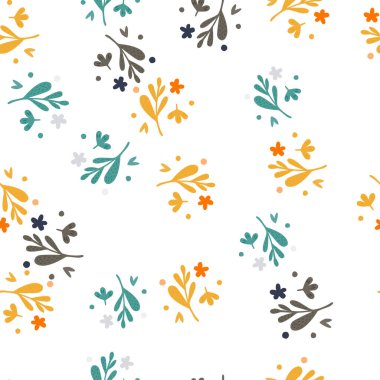 Küçük çiçekler ve dikişsiz yaprak deseni. Bitmeyen çiçek süsü. Basit bir botanik arkaplan. Doodle tarzı baskı. Kumaş, tekstil baskısı, yüzey, ambalaj, kapak, Vektör illüstrasyonu için tasarım