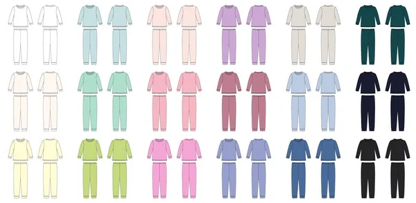 色の子供の綿のスウェットシャツとパンツのセット アパレルパジャマの技術スケッチ キッズアウトラインナイトウェアデザインテンプレートコレクション 色が違う 正面と背面のビュー Cadファッションデザイン — ストックベクタ