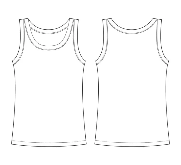 袖のないタンクトップの技術的なスケッチ 子供の女の子はシャツの下着をアウトライン 前後の景色 正面と背面のビュー Cadファッションデザイン ベクターイラスト — ストックベクタ