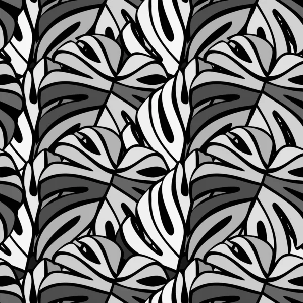 Patrón Monocromo Selva Sin Costuras Planta Exótica Palma Tropical Deja — Vector de stock