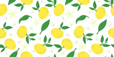 Beyaz üzerinde sarı turunçgil deseni var. Mandalina sonsuz duvar kağıdı. Güzel yemek arkaplanı. Safça. Kumaş, tekstil baskısı, yüzey, ambalaj, örtü için tasarım. Doodle vektör illüstrasyonu