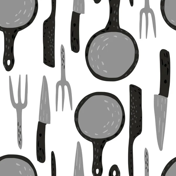 Utensílios Cozinha Sem Costura Padrão Garfo Doodle Frigideira Fundo Faca — Vetor de Stock