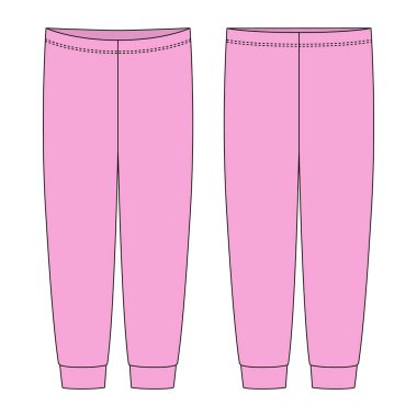 Çocuk pijamaları teknik taslak. Pembe renk. Çocuklar evde pantolon tasarım şablonu giyerler. Ön ve arka manzara. CAD moda vektör illüstrasyonu