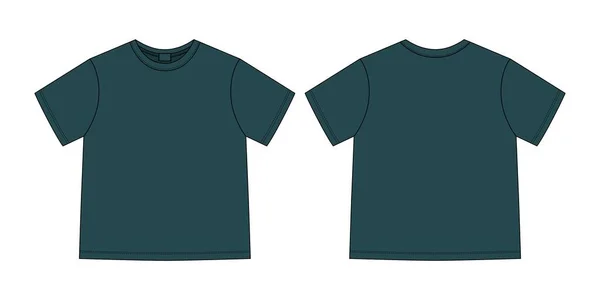 服装技术草图 单色T恤 T恤设计模板 深绿色 前面和后面的观点 矢量Cad技术时尚图解 — 图库矢量图片