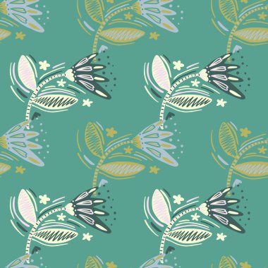 Çiçekler ve yapraklar halk tarzında kusursuz desen. Saf sanat. Soyut çiçek duvar kâğıdı. Kumaş, tekstil baskısı, yüzey, ambalaj, kapak, tebrik kartı için tasarım. Vektör illüstrasyonu