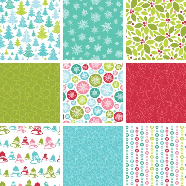 Colorful Winter Holidays Collection Of Nine Seamless Patterns — Stock Vector