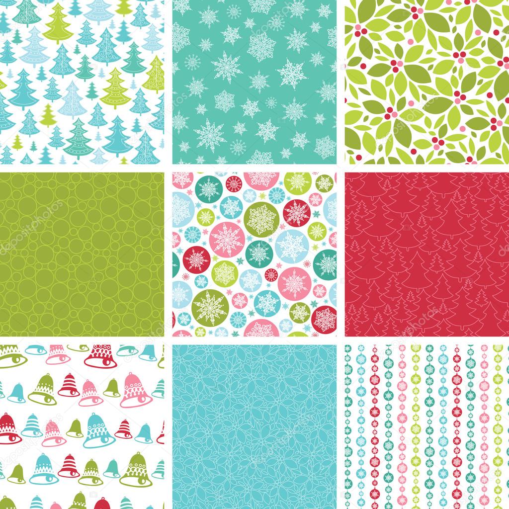 Colorful Winter Holidays Collection Of Nine Seamless Patterns
