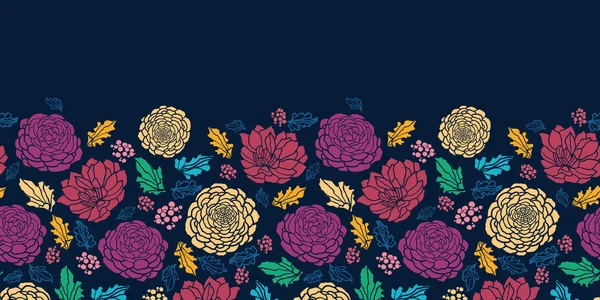 Coloridas flores vibrantes en el patrón inconsútil horizontal oscuro — Vector de stock