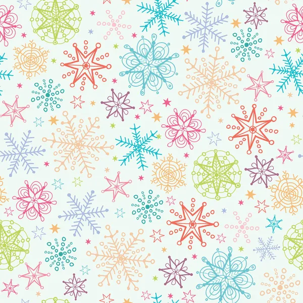 Doodle colorido flocos de neve sem costura padrão fundo — Vetor de Stock