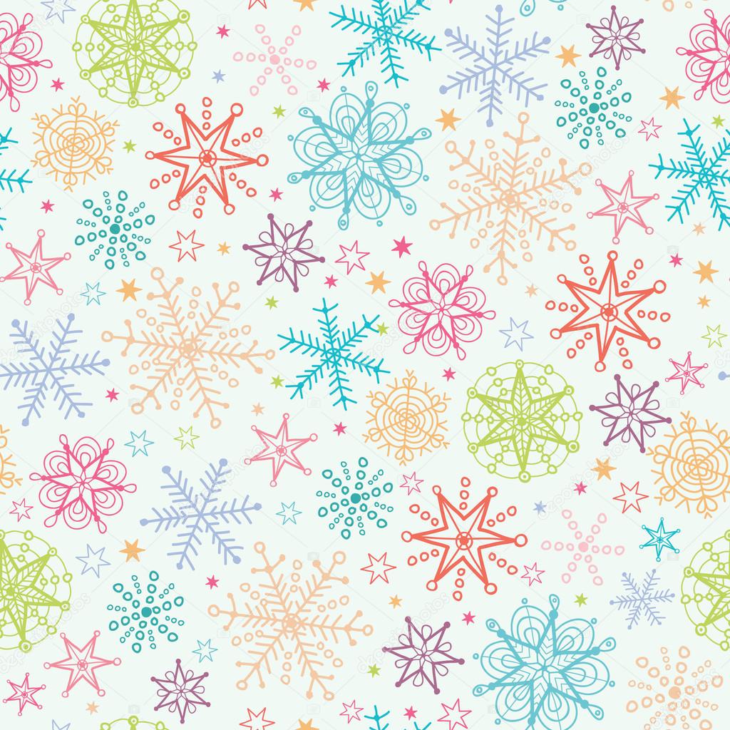 Colorful Doodle Snowflakes Seamless Pattern Background