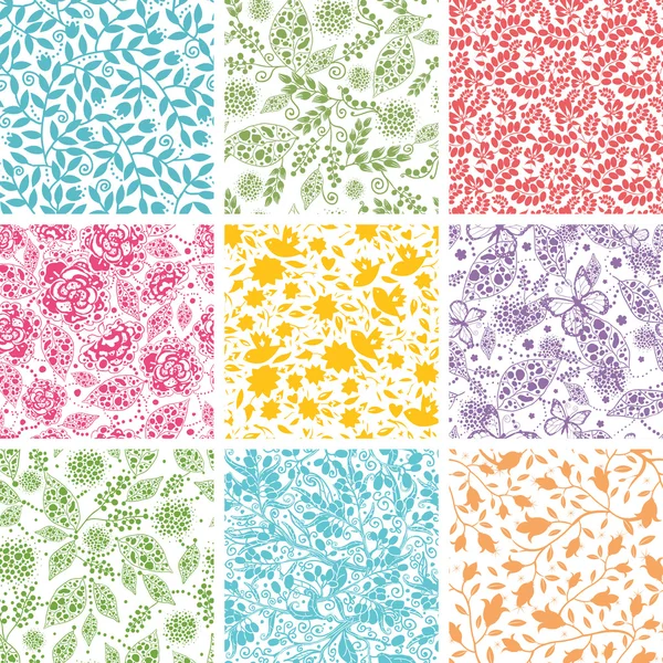 Set Of Nine Abstract Floral Seamless Patterns Backgrounds — Stock Vector