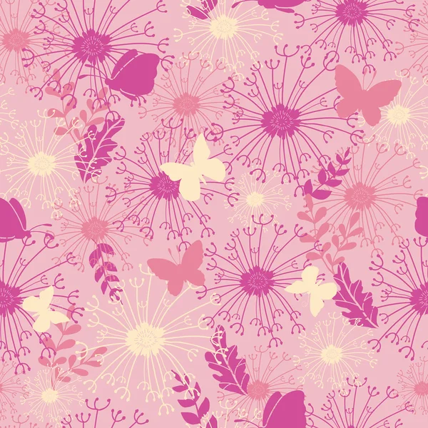 Mariposas en rosa jardín sin costuras patrón de fondo — Vector de stock