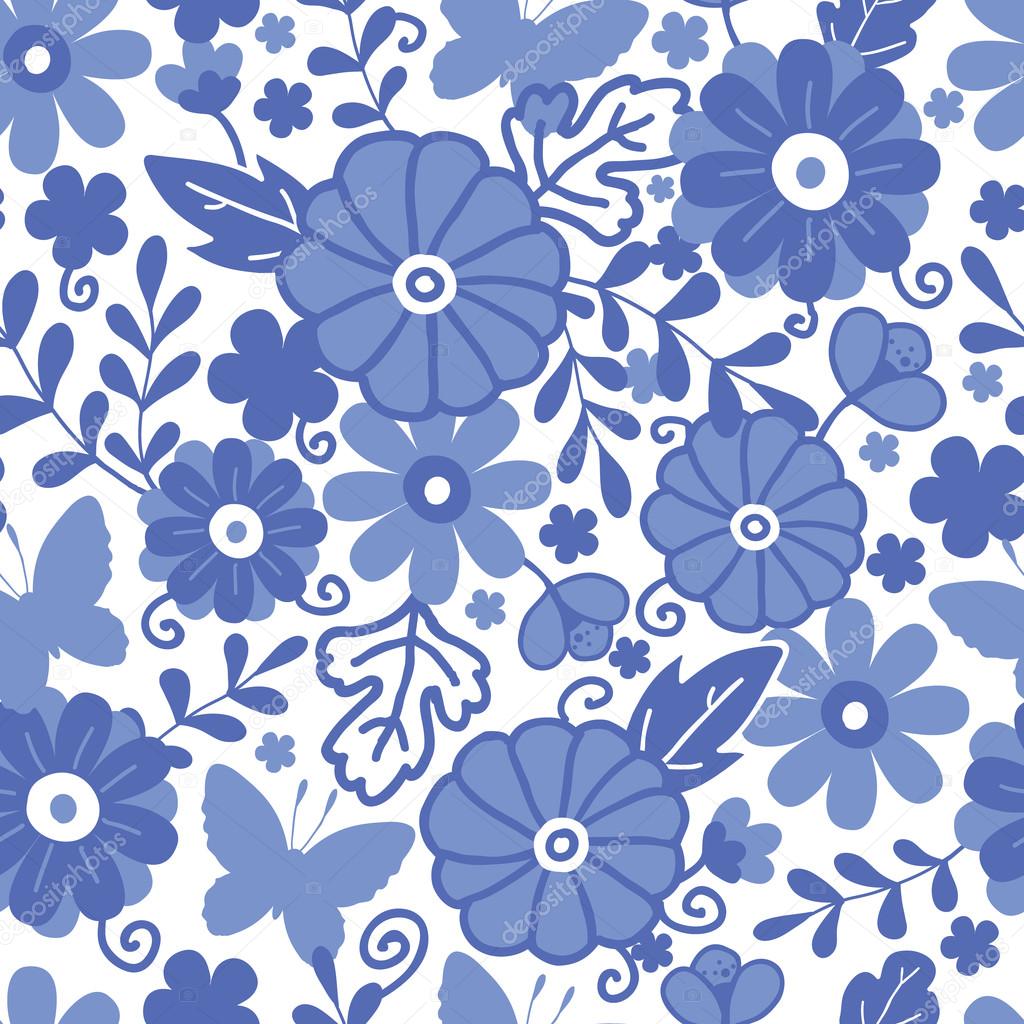 Delft blue Dutch flowers seamless pattern background