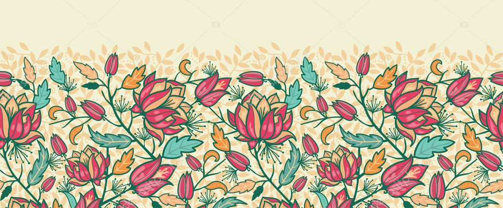coloridas flores y hojas de patrones sin fisuras horizontales frontera