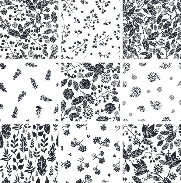 Conjunto de nove padrões sem emenda florais pretos e brancos — Vetor de Stock