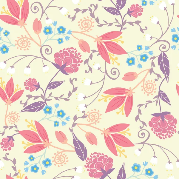 Fleurs de champ fraîches et feuilles fond de motif sans couture — Image vectorielle