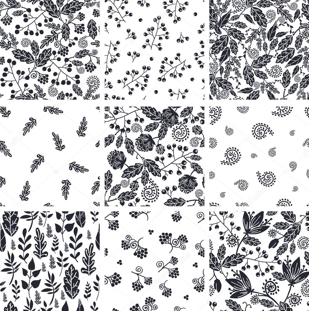 Set Of Nine Black and White Floral Seamless Patterns