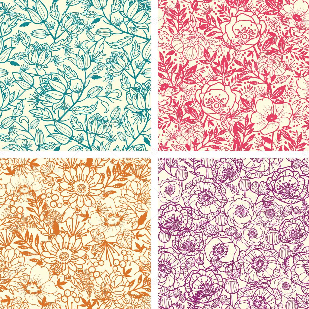 Set of four floral line art seamless pattern background