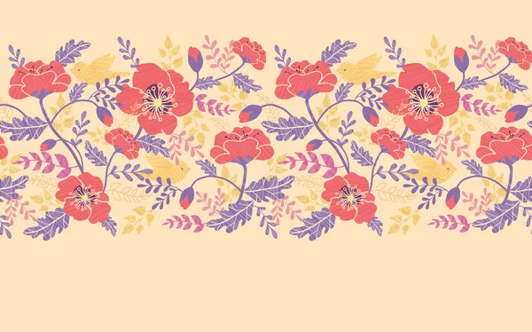 Flores de amapola y pájaros horizontal sin costuras borde patrón — Archivo Imágenes Vectoriales