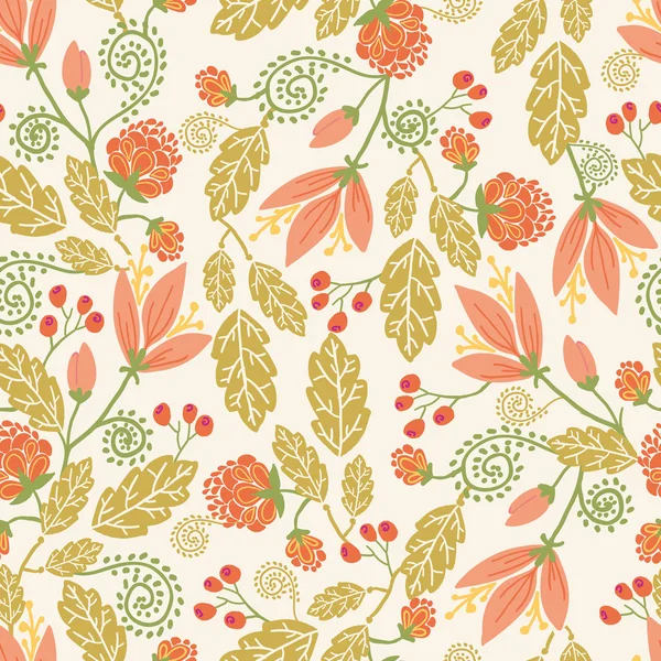 Fleurs de printemps et baies fond de motif sans couture — Image vectorielle