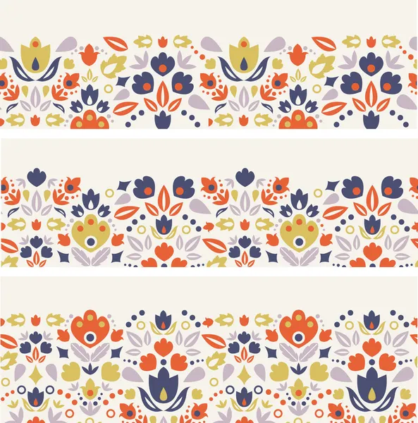 Three ornamental folk tulips horizontal seamless patterns — Stock Vector